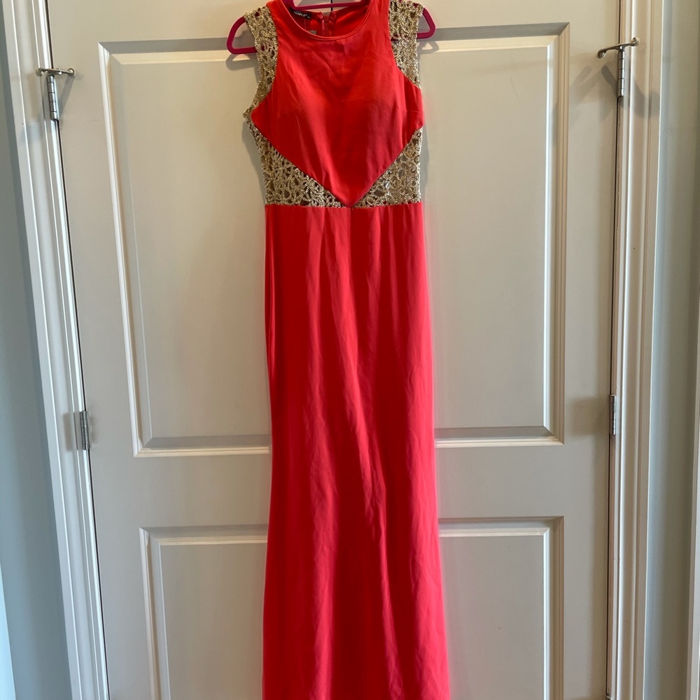 Prom/ Formal Dress. Coral Colored Floor Length Gown with Gold Cut Outs